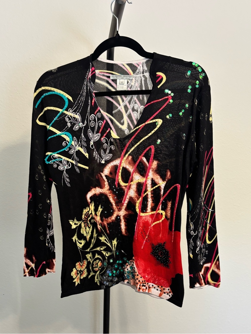 Alberto Malaki Black V-Neck Floral & Abstract 3/4 Sleeve Top Size M